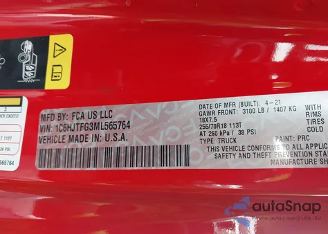 2021 Jeep Gladiator Overland 4X4 z USA, uszkodzony, nr VIN 1C6HJTFG3ML565764